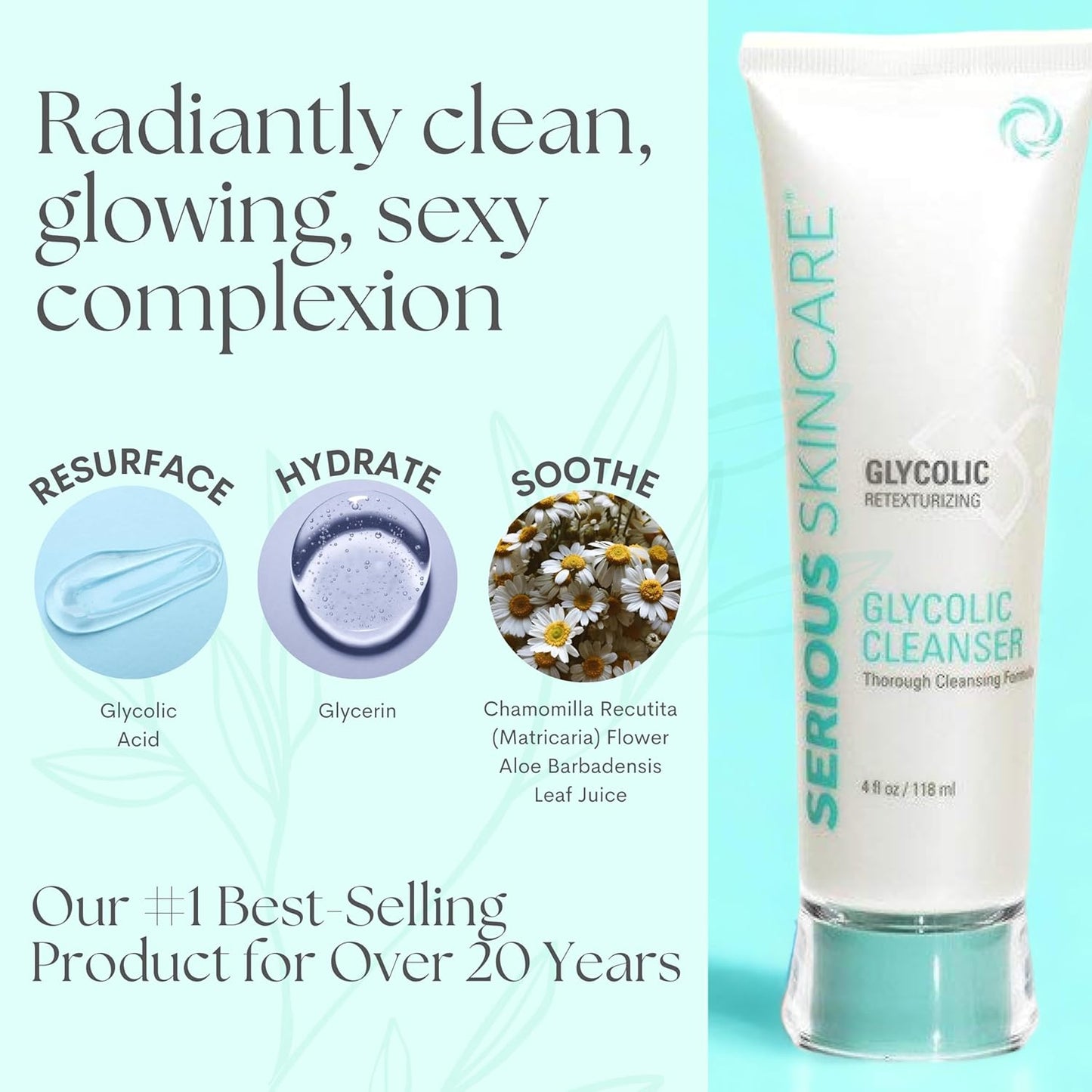 Serious Skincare Glycolic Cleanser - Daily Non-Drying Exfoliating Face Wash - 10% Glycolic Acid - Deep Pore Purifying - Removes Blackheads, Makeup & Impurities 4 Fl. Oz.-FemmiqueWomen