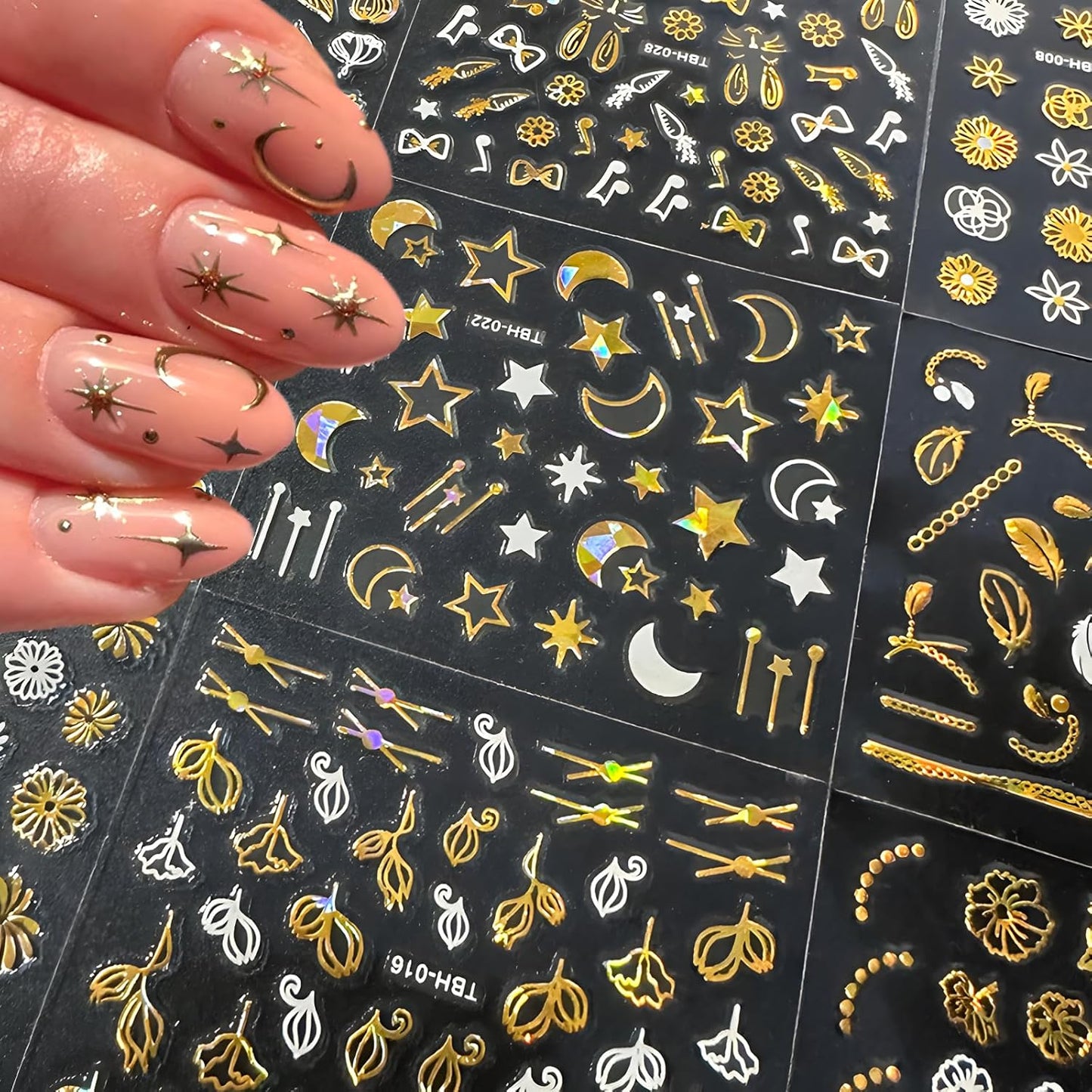 30 Sheets Gold Nail Art Stickers 3D Self Adhesive Star Nail Decals Gold Flower Nail Stickers for Nail Art Heart Snowflake Nail Art Design Decoration Accessories for Women and Girls, Style 2-FemmiqueWomen