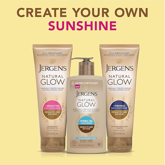 Jergens Natural Glow Hydra Gel Moisturizer, Gradual Tanning Lotion with Hyaluronic Acid, Hydrating Tanning Gel, Fragrance-Free Self Tanner, Medium to Deep Skin Tones 8.3 Fl Oz-FemmiqueWomen
