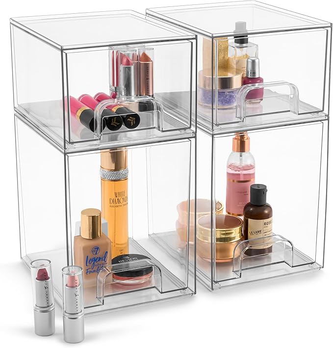 Sorbus Acrylic Storage Containers - 4 Pack, Stackable Storage Bins Set for Bathroom Organization - Clear Acrylic Drawer Organizers - Makeup Case Pull-Out Drawers (7.6’’ and 4.4’’ Tall)-FemmiqueWomen
