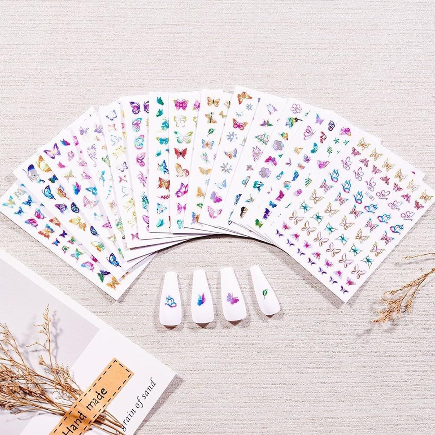 16 Sheets Butterfly Nail Art Stickers 3D Colorful Butterfly Self-Adhesive Design Nail Decals Pegatinas Uñas Holographic Laser Butterfly Nail Supplies for Women Acrylic Nail Art Decoration Accessories-FemmiqueWomen