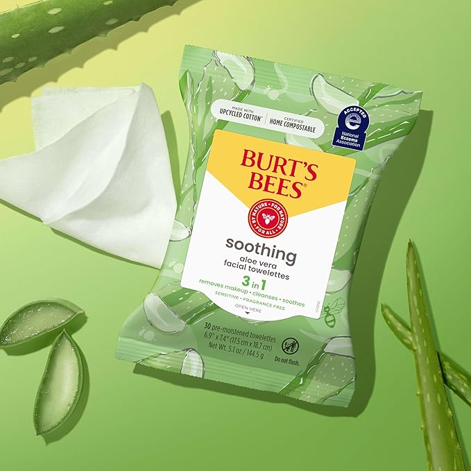 Burt's Bees Back To School Dorm Essentials, Aloe Vera Face Wipes, for Sensitive Skin, Soothing Makeup Remover & Facial Cleansing Towelettes, 30 Ct. (3-Pack)-FemmiqueWomen