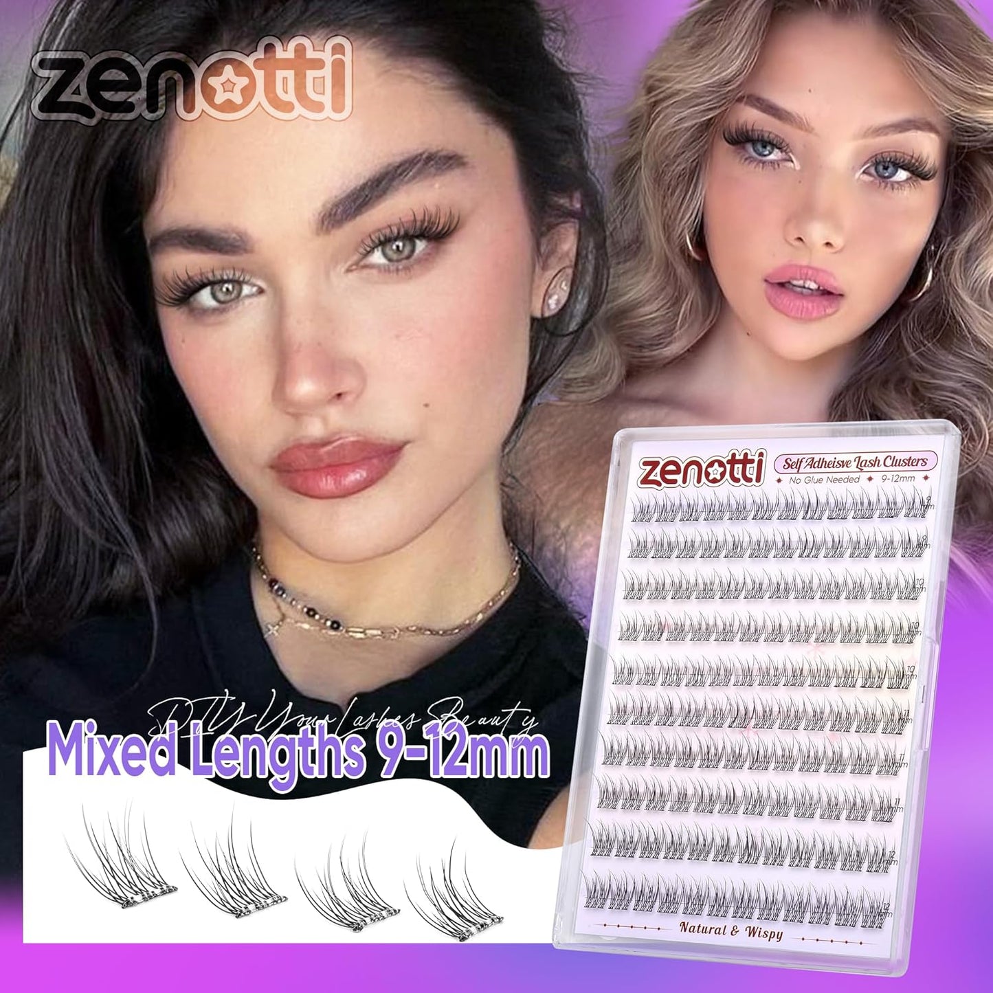 Natural Self Adhesive Clusters Lashes No Glue Self Adhesive Wispy Cluster Eyelashes Extensions Pre-glued Lashes Cluster Reusable C-Curly Individual Lashes 9-12mm Press on Lash by zenotti-FemmiqueWomen