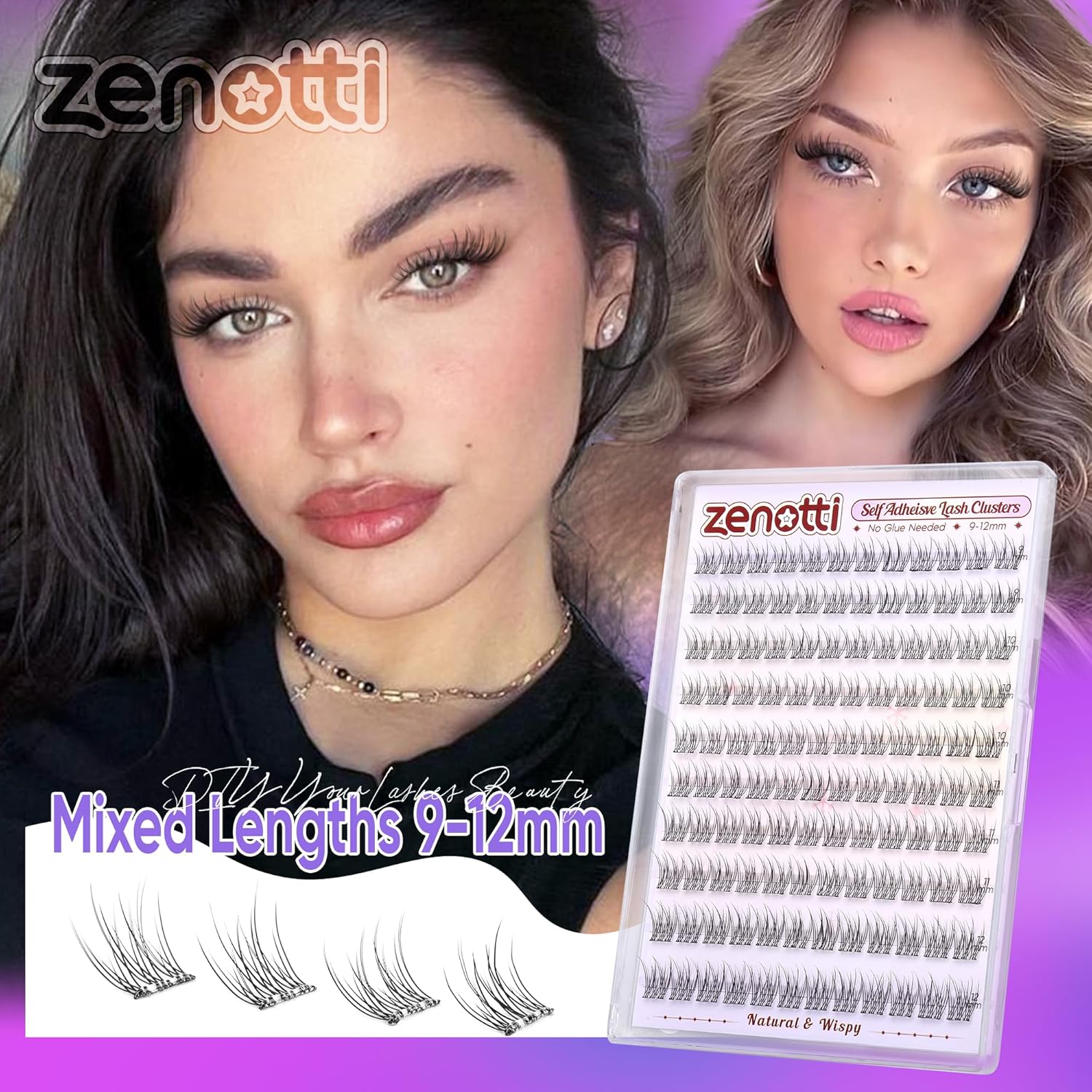 Natural Self Adhesive Clusters Lashes No Glue Self Adhesive Wispy Cluster Eyelashes Extensions Pre-glued Lashes Cluster Reusable C-Curly Individual Lashes 9-12mm Press on Lash by zenotti-FemmiqueWomen