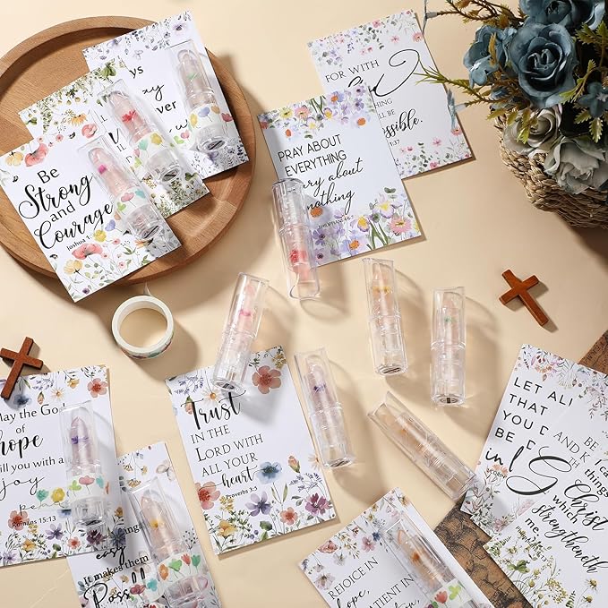 12 Sets Christian Lip Balms with Inspirational Bible Verse Card Bulk Gifts for Women Flower Sign Taste Lip Balm with Tag for Employee Coworker Teacher Family Church Wedding Favor-FemmiqueWomen