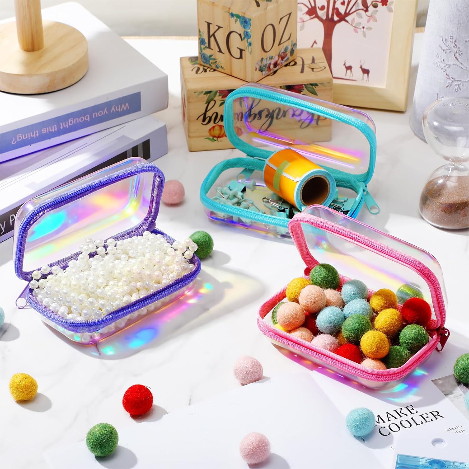 Hoolerry 3 Pcs Clear Hard Zipper Case Plastic Pouch Transparent Hard Case Clear Makeup Bag Portable Travel Organizer Bin for Cosmetics, Building Blocks, Puzzles(Laser,Xs)-FemmiqueWomen