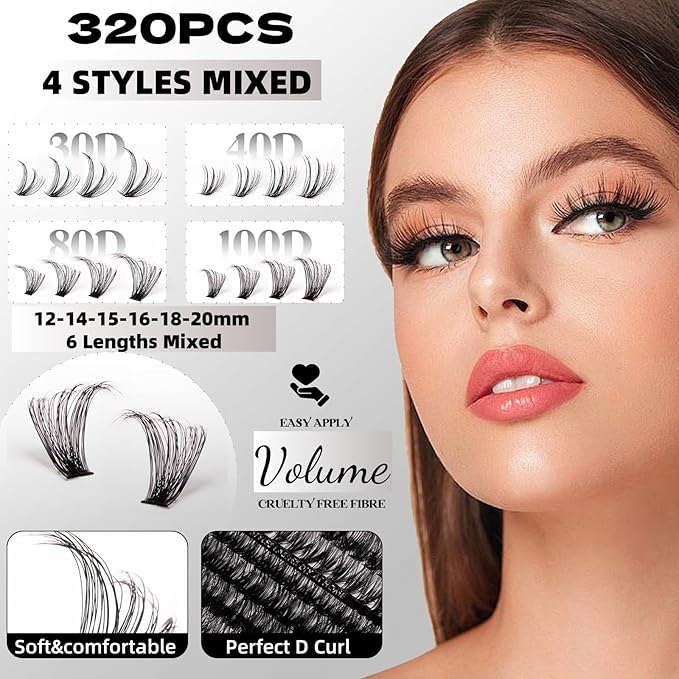 Lash Clusters 320pcs Lash Extension Kit 30D 40D 80D 100D Individual Lashes Kit 12-20mm Eyelash Extension Kit with Lash Bond&Seal,Lash Remover and Lash Tweezers for Easy Use(30/40/80/100D-0.07D Kit))-FemmiqueWomen