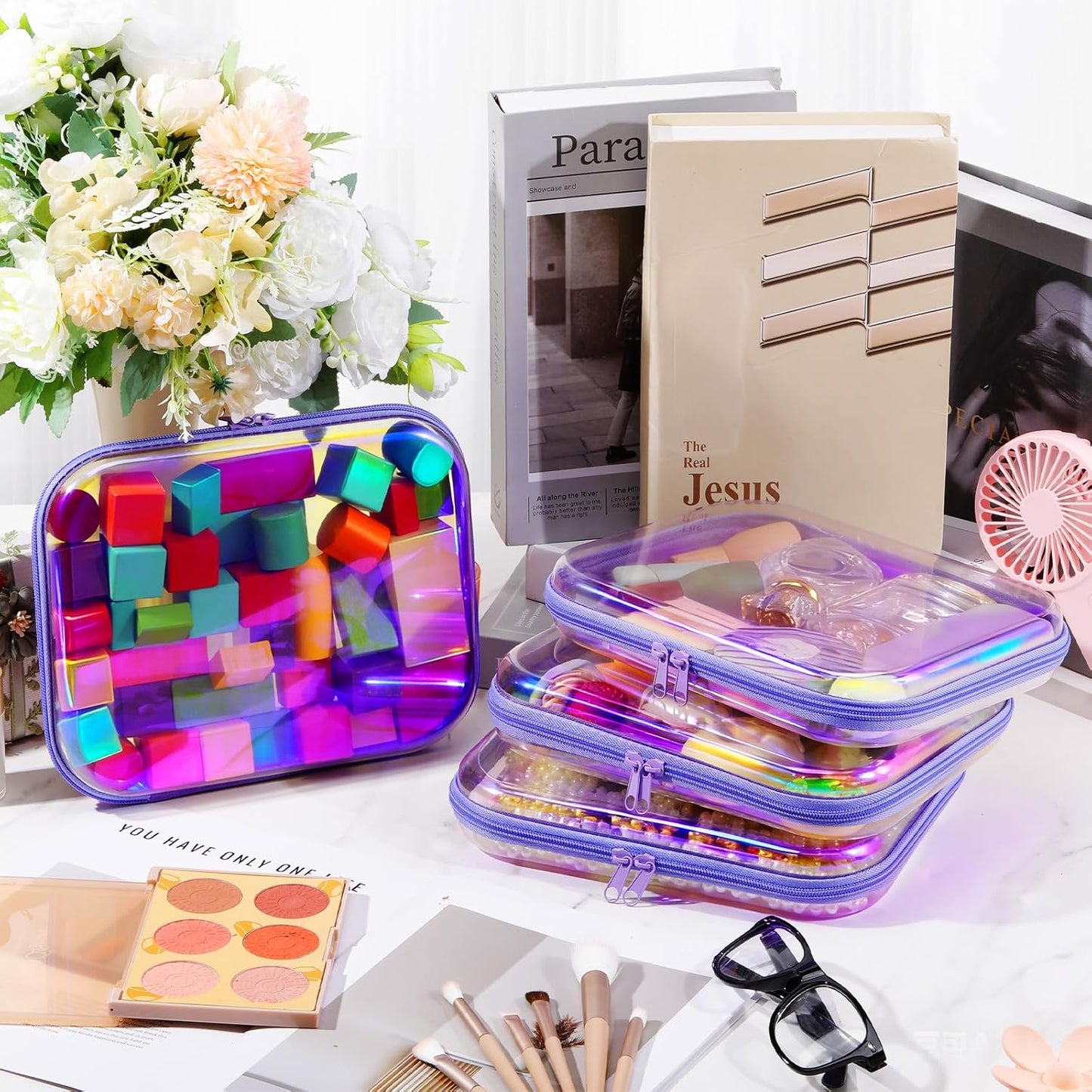 Hoolerry 4 Pcs Hard Clear Zipper Case Makeup Bags Plastic Pencil Pouch Transparent Storage Box Containers for Cosmetics, Snacks, Building Blocks, Puzzles(Purple Laser,9.8 x 7.9 x 2 in)-FemmiqueWomen