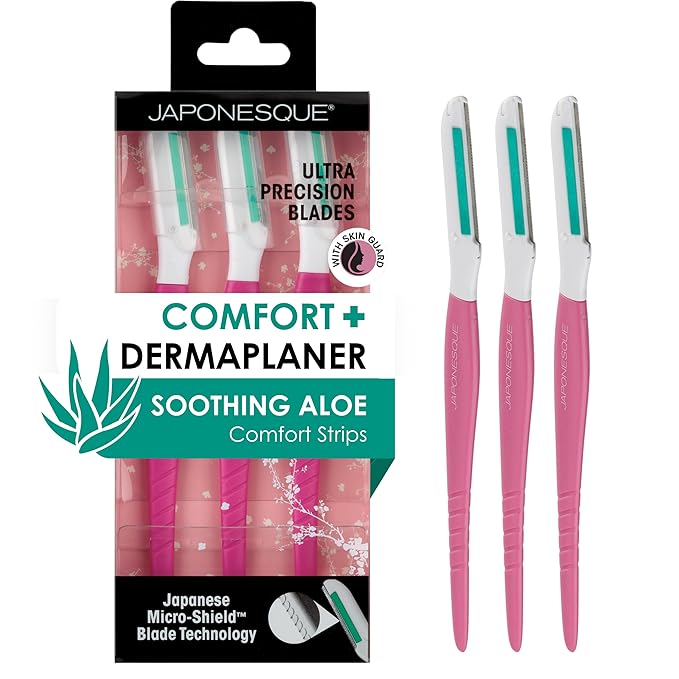 JAPONESQUE Dermaplaner with Soothing Aloe Comfort Strip - Skin Tool with Ultra Precision Blade for Facial Hair Removal and Exfoliation, 3pk.-FemmiqueWomen