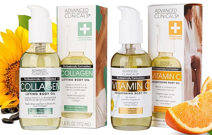 Advanced Clinicals Collagen Body Oil + Vitamin C Brightening Body Oil Moisturizer 2pc Skincare Set - Nourishing, Brightening, & Firming Massage Oil To Improve Look Of Crepe Skin + Dark Spots, 2PC Set-FemmiqueWomen