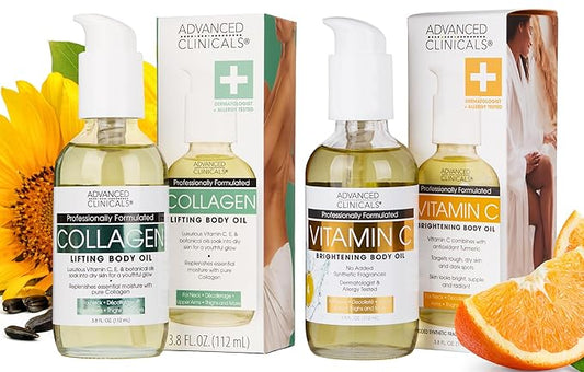 Advanced Clinicals Collagen Body Oil + Vitamin C Brightening Body Oil Moisturizer 2pc Skincare Set - Nourishing, Brightening, & Firming Massage Oil To Improve Look Of Crepe Skin + Dark Spots, 2PC Set-FemmiqueWomen