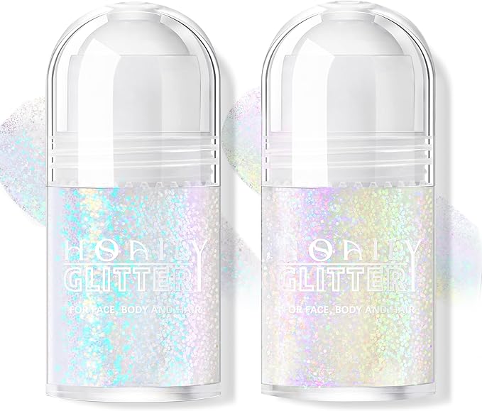 2 Colors Roll-on Body Glitter Gel, Holographic Glitter Gel Under Light for Face Hair, Body Shimmer for Rave Accessories Christmas New Year Halloween Makeup (9+10)-FemmiqueWomen