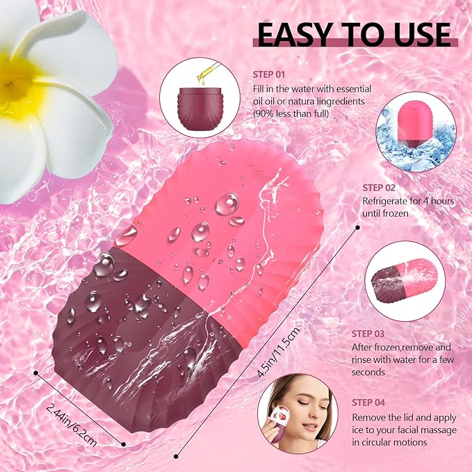 2pcs Ice Roller for Face and Eye, Silicone Ice Facial Roller Ice Holder, Face Ice Mold Skin Care, Face Icers Reusable Ice Cube Roller for Shrink Pores Anti Wrinkle Reduce Puffiness, Pink Rose-FemmiqueWomen