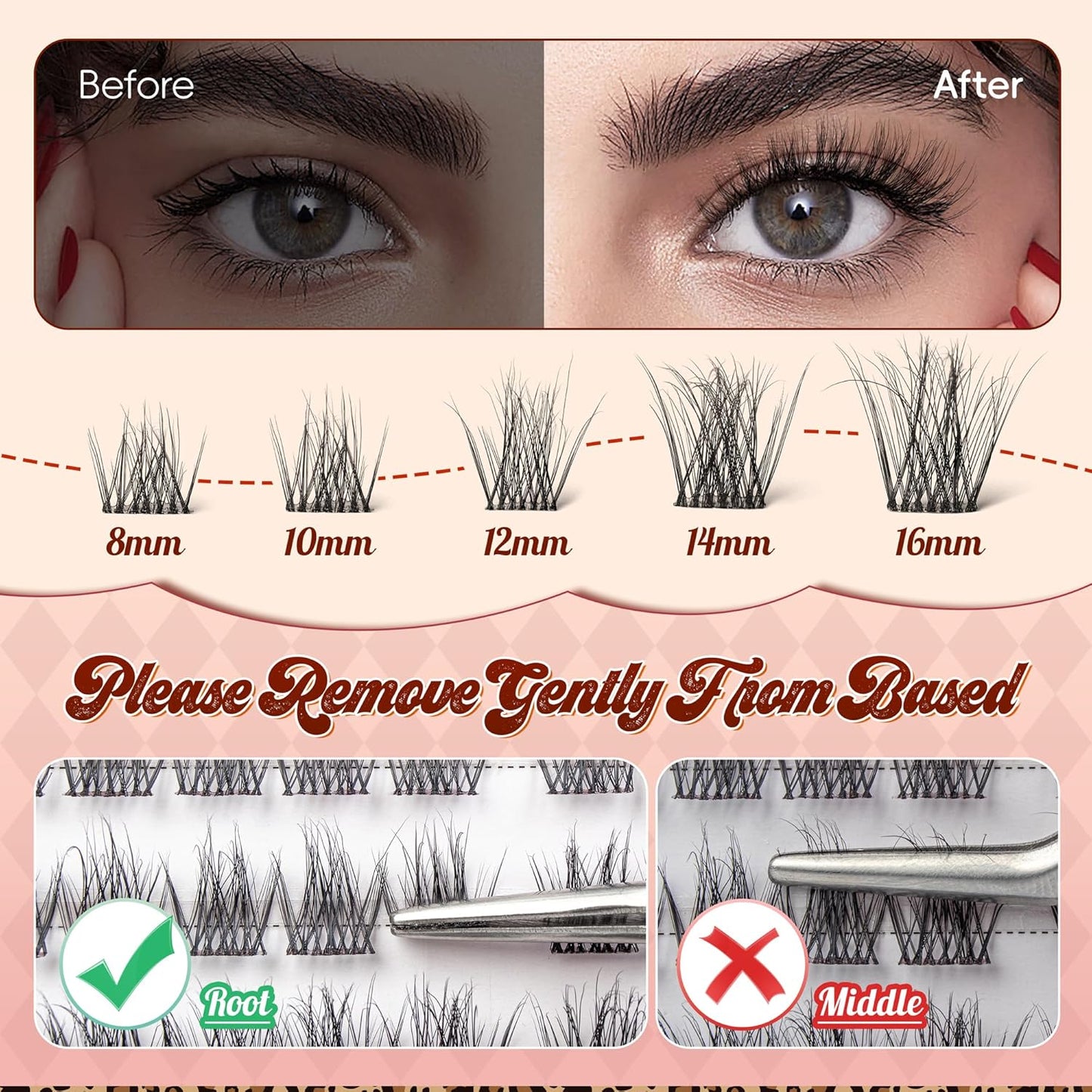 Lash Clusters 0.05mm PBT Fiber Eyelash Clusters, 0.1mm Superfine Invisiband D Curl Diy Lash Extension, 96pcs 8-16mm Individual Like Eyelash Extensions (Velvet-D-8-16Mix)-FemmiqueWomen