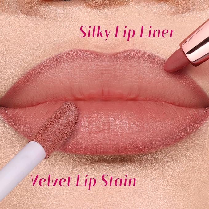 2 PCS Lip Liner and Lip Stain Combo Set, High Pigmented Long Lasting Velvet Lip Tint, Well-Defined Lipliner, Weightless Waterproof Not Animal Tested, Matte Finish Makeup-FemmiqueWomen