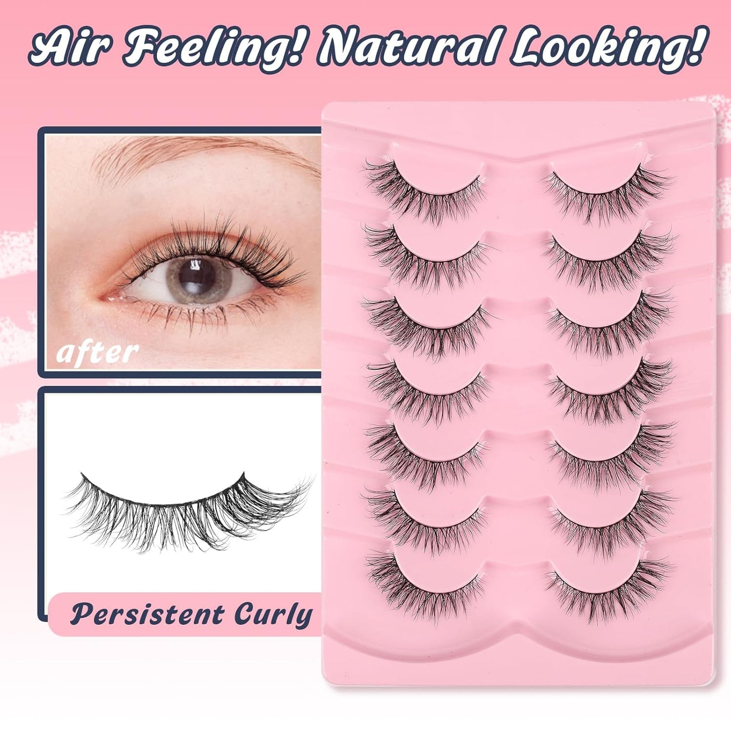 Natural Eyelashes Cat Eye Lashes Wispy Eyelash with 0.1MM Thin Band Strip Lash C Curl 7 Pair-FemmiqueWomen