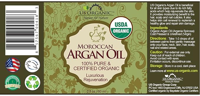 US Organic Moroccan Argan Oil, USDA Certified Organic,100% Pure & Natural, Cold Pressed Virgin, Unrefined, 2 Oz in Amber Glass Bottle, for Hair treatment, Skin, Nail, Cuticle, Sourced from Morocco.-FemmiqueWomen