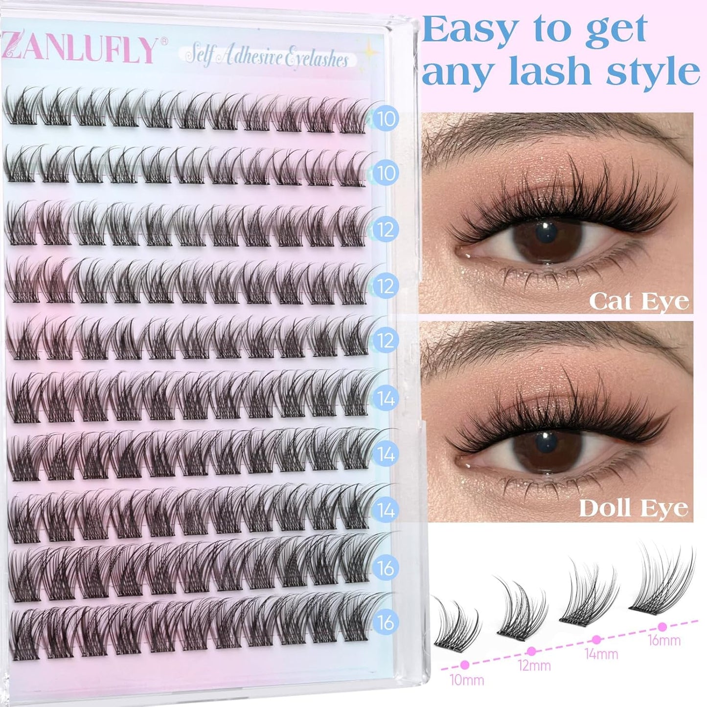 Self Adhesive Eyelashes Natural Self Adhesive Lash Clusters Pre glued Eyelash Clusters zanlufly No Glue Needed Lashes Wispy C-curly Cluster Eyelash extensions 10-16MM Individual Lashes-FemmiqueWomen