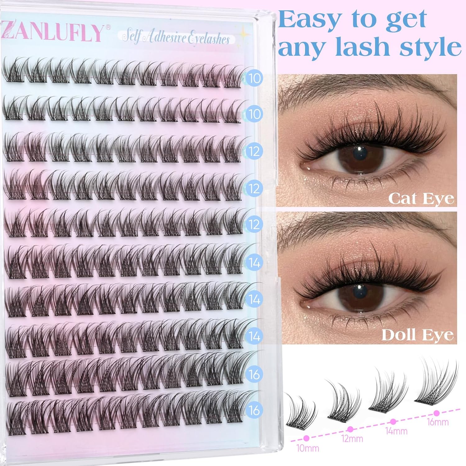 Self Adhesive Eyelashes Natural Self Adhesive Lash Clusters Pre glued Eyelash Clusters zanlufly No Glue Needed Lashes Wispy C-curly Cluster Eyelash extensions 10-16MM Individual Lashes-FemmiqueWomen