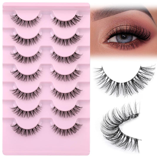 JIMIRE Lashes Natural Look Clear Band Demi-Wispies Short False Eyelashes Fluffy 3D Cat Eye 13MM Strip Lashes 7 Pairs Pack-FemmiqueWomen