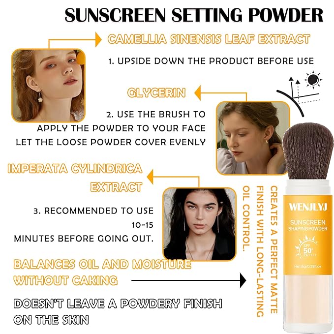 2PCS Mineral Sunscreen Setting Powder Makeup,Translucent Powder SPF 50 PA++++,Oil Control Long Lasting Face Setting Powder Sunscreen,Matte Finish,Lightweight,Breathable,All Skin-FemmiqueWomen