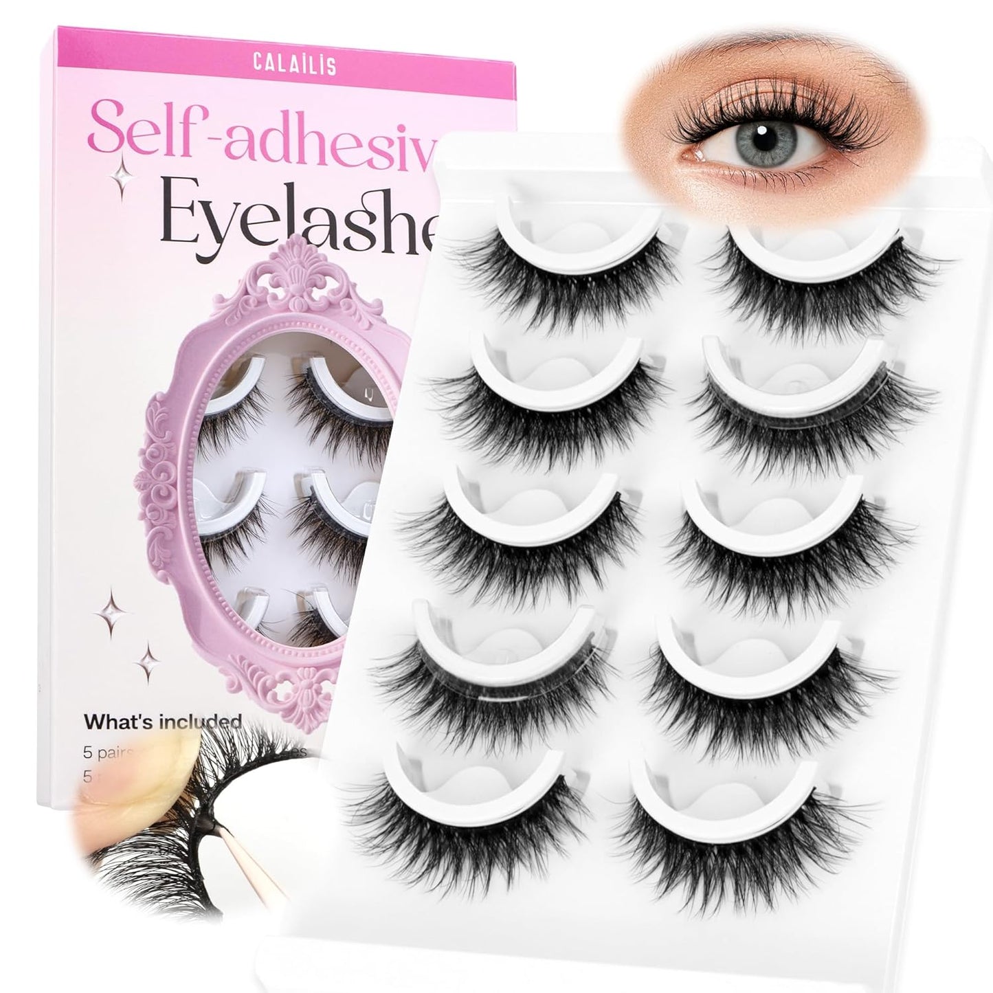 CALAILIS Self Adhesive Eyelashes 5 Pairs Natural Look Press On Lashes No Glue Need Eyelashes Reusable Cat Eye Wispy Self-adhesive False Lashes with Replacement Adhesive Strips (C122)-FemmiqueWomen