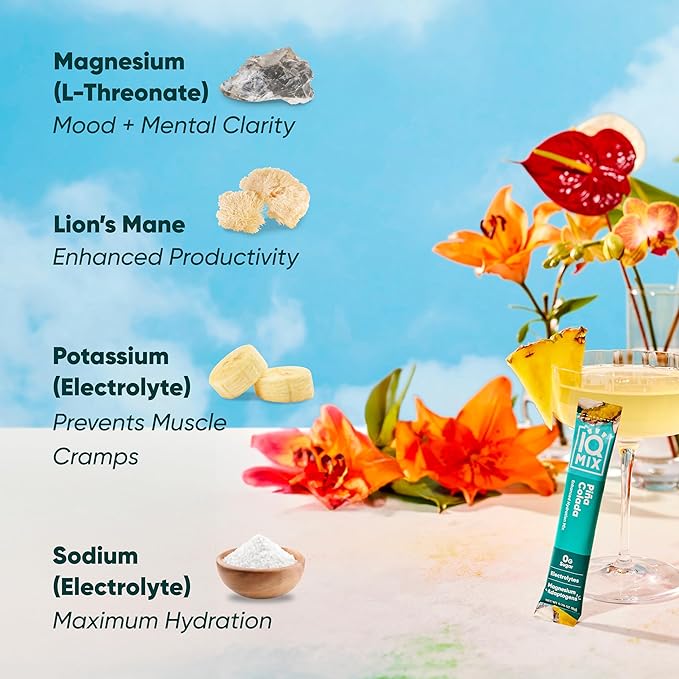 IQMIX Hydration Electrolyte Powder – 4-in-1 Formula for Hydration, Mental Clarity, Mood and Recovery – Sugar-Free Drink Mix, Keto, Magnesium L-Threonate, Lion’s Mane – 40 Count Piña Colada-FemmiqueWomen