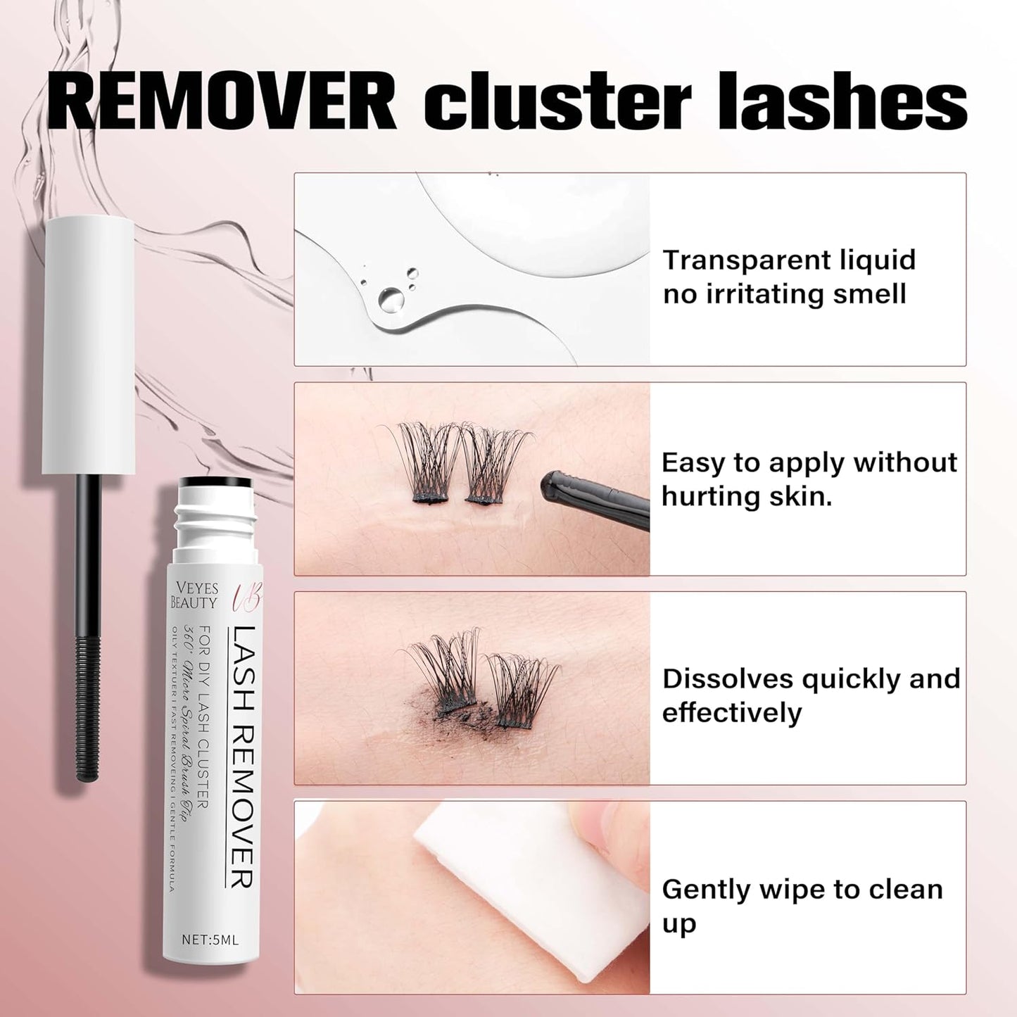VEYESBEAUTY Cluster Lash Glue Remover 5ML Eyelash Remover for DIY Lash Extensions at home Clear Remover for Self-application Individual Lashes-FemmiqueWomen