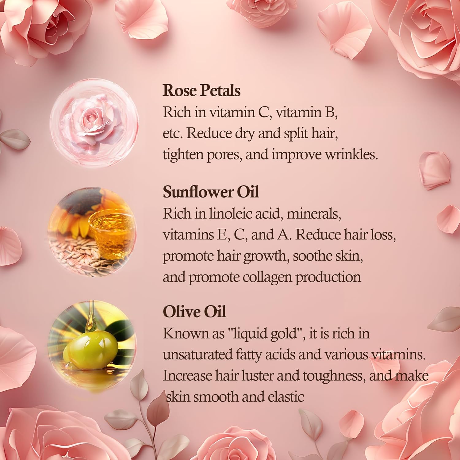 Rose Essential Oil with Flower Petal, Sunflower Seed, Olive Fruit Natural Massage Oils for Nails, Hair, Body, Face Moisturizing Skincare Oil Serum Dry Hair Strengthening Treatment All Types 30ml-FemmiqueWomen