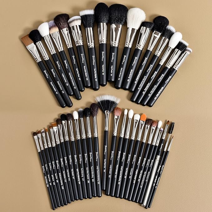 Makeup Artist MUST HAVES 42Pcs Makeup Brushes Set with Real Natural Goat Hair By BUEART DESIGN (42Pcs Matte Pearl Black)-FemmiqueWomen