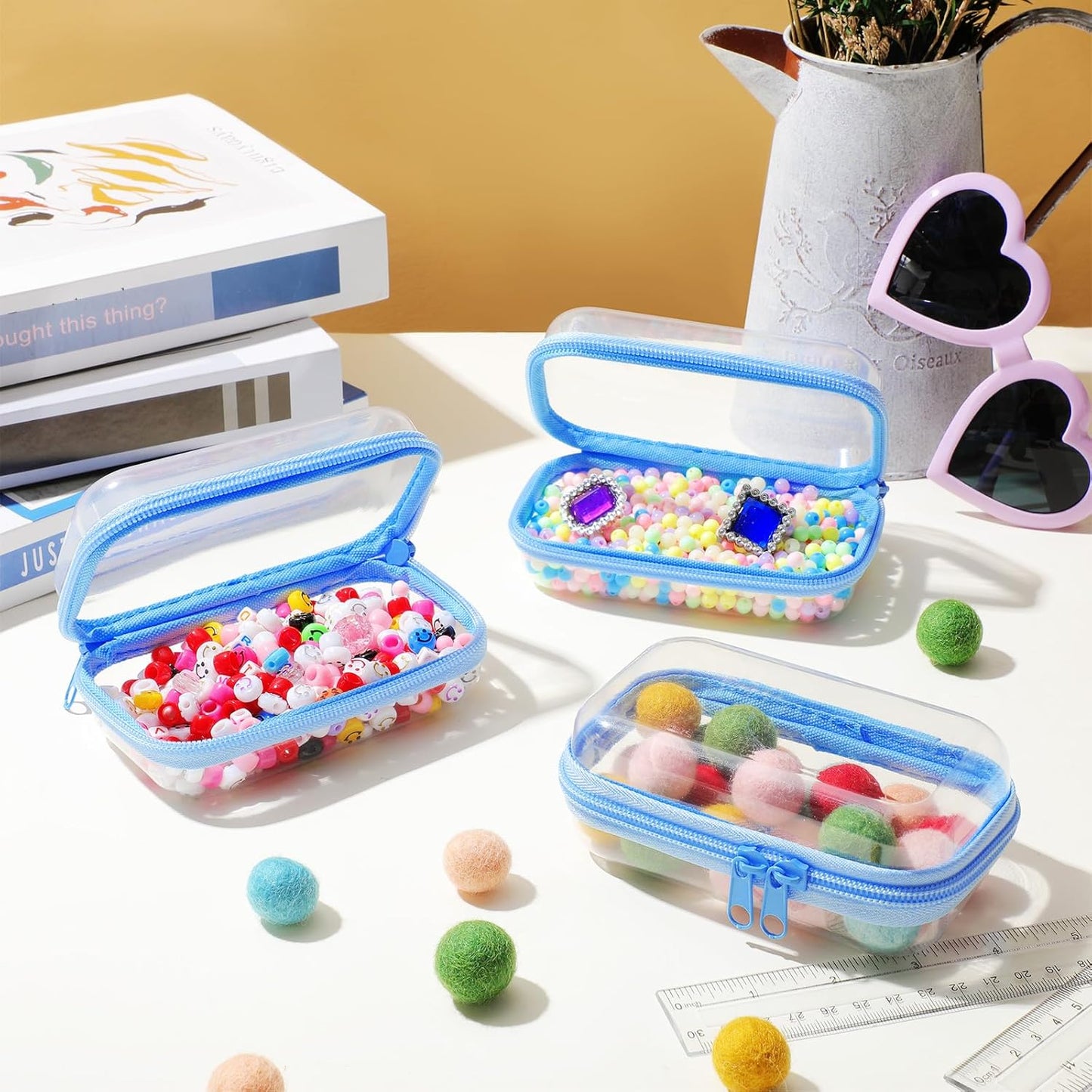 Hoolerry 3 Pcs Clear Hard Zipper Case Plastic Pouch Transparent Hard Case Clear Makeup Bag Portable Travel Organizer Bin for Cosmetics, Building Blocks, Puzzles(Blue,Xs)-FemmiqueWomen