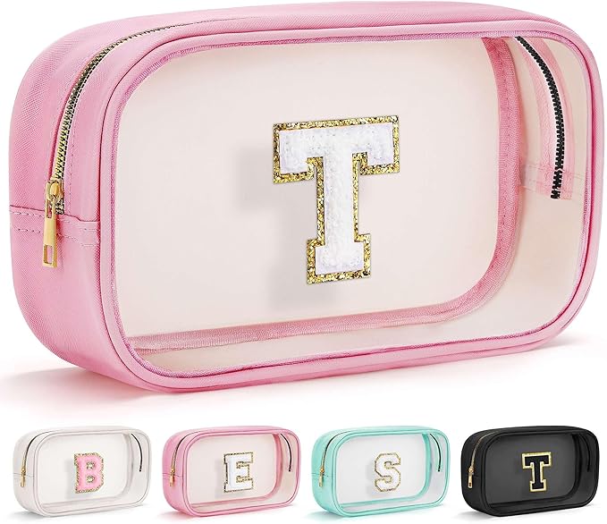 YOOLIFE Travel Toiletry Bag for Women, Pink Clear Makeup Bag Cute Make Up Bag for Women Cosmetic Bags Skin Care Makeup Bag Organizer Birthday Gifts for Women Teacher Mother Girlfriend Initial T-FemmiqueWomen