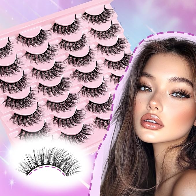 Losha Lashes Wispy False Eyelashes Natural Cat Eye Lashes Kit with Lash Glue and Lash Tweezers 14 Pairs Short Fake Eyelashes Soft Thin Faux Mink Lashes Pack (Lighter)-FemmiqueWomen
