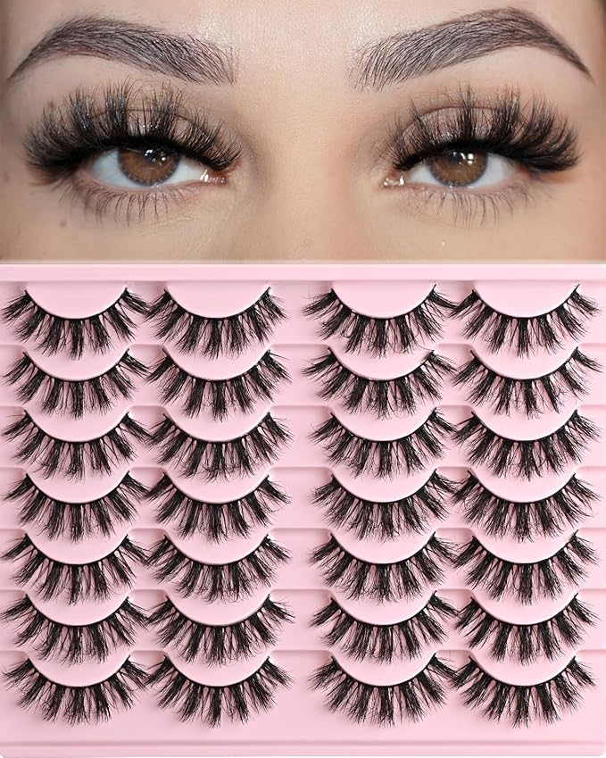 FARRED Fluffy Lashes Natural Eyelashes Short Wispy Eye Lash Strips 14 Pairs Separated Volume Eyelash Pack 16mm Dramatic Wispies Fake Strip Lashes Clusters Cat Eye Pestañas Spiky Look (F24 | 9-16mm)-FemmiqueWomen