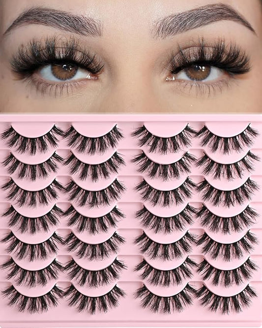FARRED Fluffy Lashes Natural Eyelashes Short Wispy Eye Lash Strips 14 Pairs Separated Volume Eyelash Pack 16mm Dramatic Wispies Fake Strip Lashes Clusters Cat Eye Pestañas Spiky Look (F24 | 9-16mm)-FemmiqueWomen