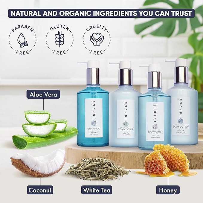 1-Shoppe Infuse 40 Piece Ecobox All-In-Kit | White Tea and Coconut Soap | 12 Shampoo, 8 Conditioner, 12 Body Wash & 8 Lotion | 10oz Hotel Soaps and Toiletries Bulk | Personal Care Products-FemmiqueWomen