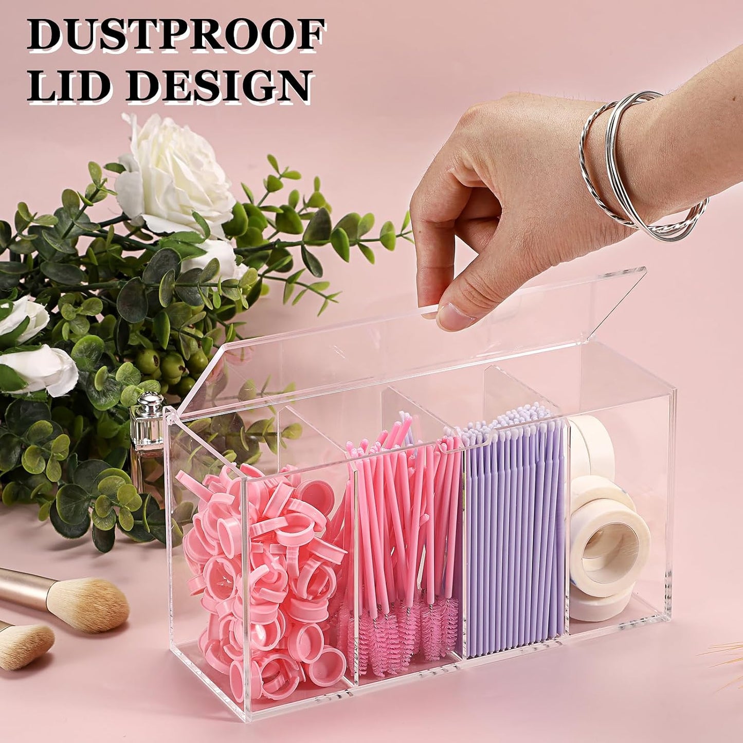 ELLDOO Lash Extension Organizer Box with Lid, Acrylic Eyelash Supplies Organizer Storage Box, 4 Compartments Bathroom Supplies Storage Container for Cotton Swabs, Balls, Pads, Floss Picks-FemmiqueWomen