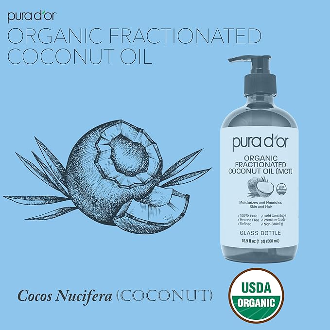 PURA D'OR 16.9 Oz ORGANIC Fractionated Coconut Oil MCT Oil (GLASS BOTTLE) 100% Pure & Natural USDA Certified Cold Pressed - Unscented, Hexane Free Moisturizer For Face, Skin & Hair Tonic - Men & Women-FemmiqueWomen
