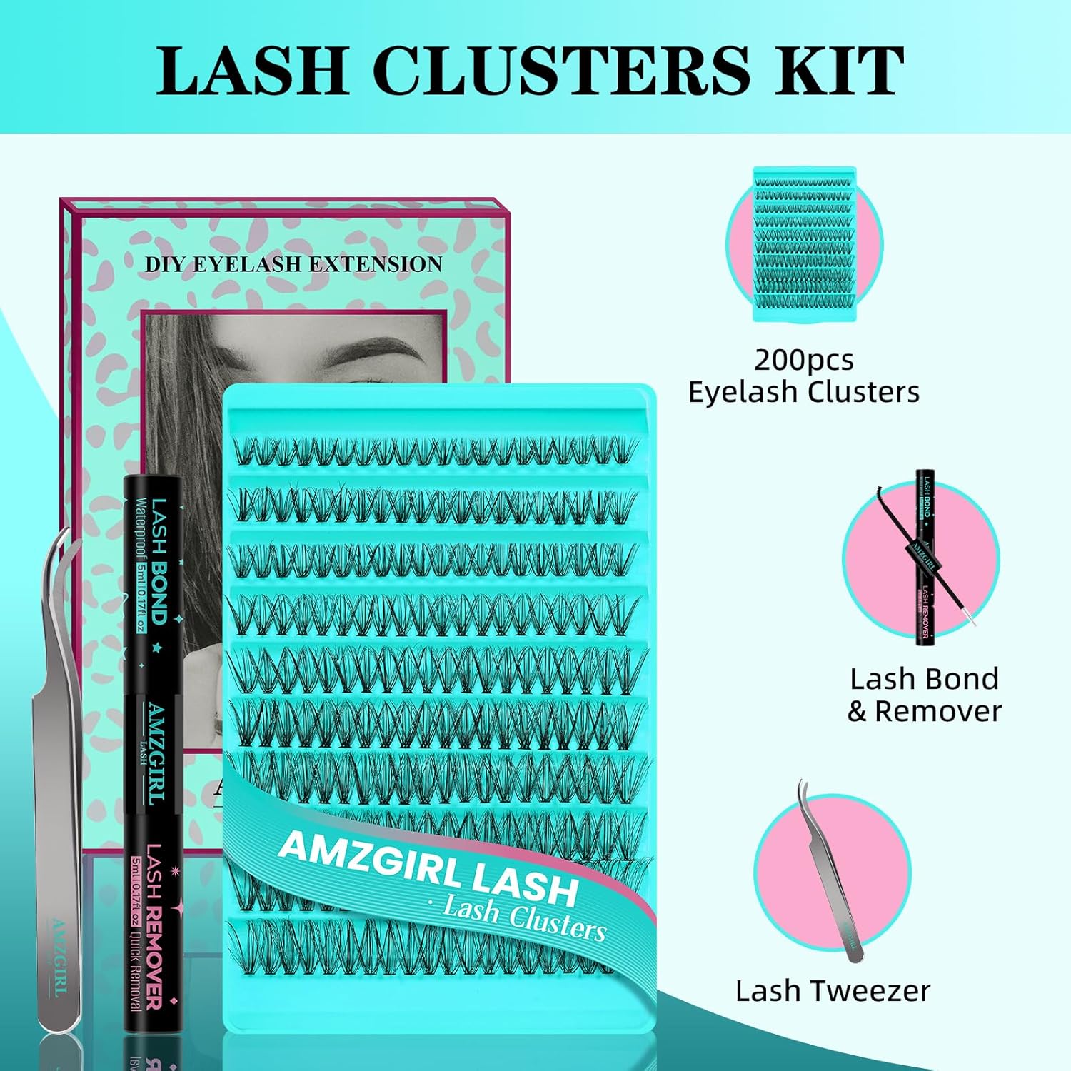 Lash Clusters Kit 200PCS 30D Eyelash Extension Kit D Curl Wispy Eyelash Clusters DIY Natural Individual Lashes Kits Lashes Extensions Kit with Lash Bond and Remover Eyelash Tweezer at Home-FemmiqueWomen