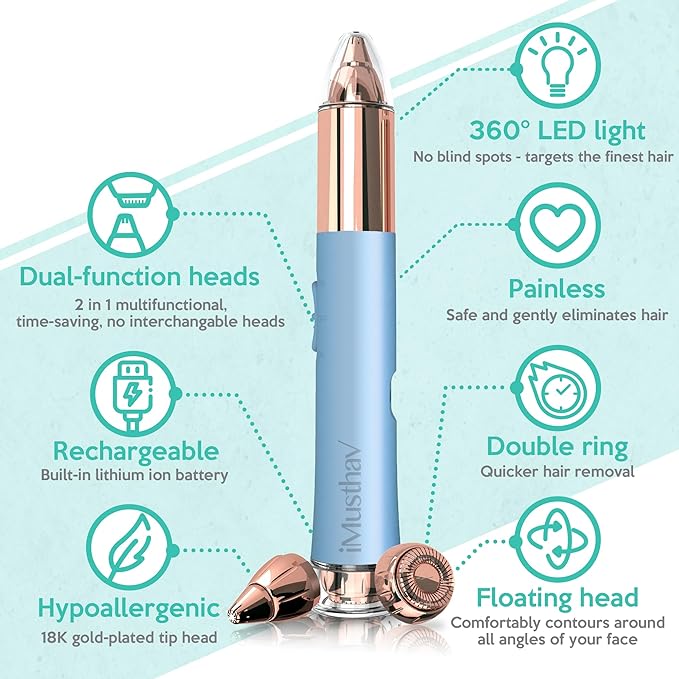 2 in 1 Flawless Eyebrow and Facial Hair Remover for Women Painless Electric Razor Epilator Trimmer Shaver with 18K Gold-Plated, USB Rechargeable, 360° LED for Eyebrow and Face Hair Removal-FemmiqueWomen