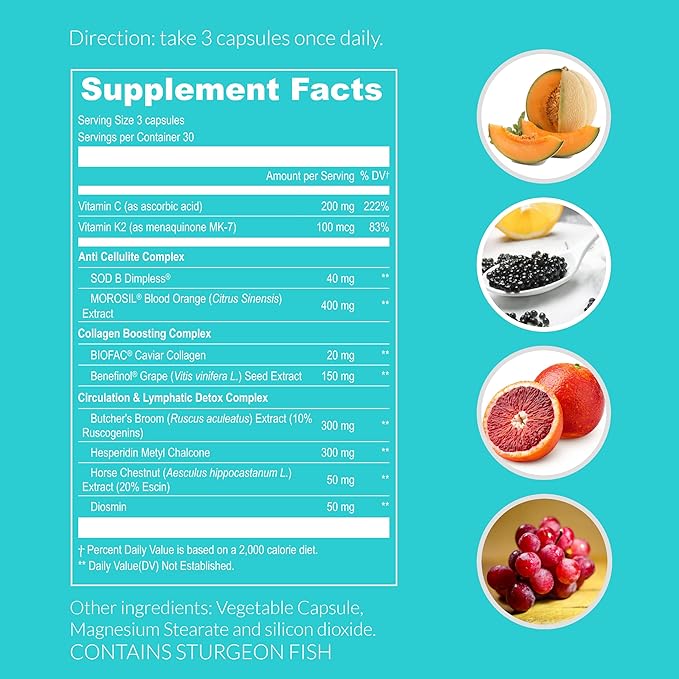 UpNourish Cellulite Vein Health Supplement with Caviar Collagen, SOD DIMPLESS, MOROSIL, Butchers Broom, Horse Chestnut, Leg Wellness and Circulation Support 90ct-FemmiqueWomen