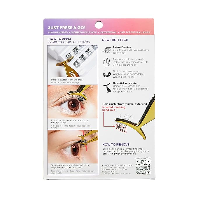 KISS imPRESS Falsies Press On Self Adhesive Eyelashes, 12mm-14mm Natural Volume Press On Lashes, Black, No Glue Needed, Invisible Band, 20 Lash Clusters & Non-Stick Applicator - Natural-FemmiqueWomen