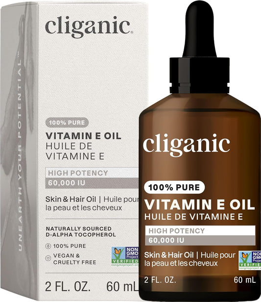 Cliganic Pure Vitamin E Oil for Skin, Scars, Hair & Face - 60,000 IU, Non-GMO Verified | Natural D-Alpha Tocopherol-FemmiqueWomen