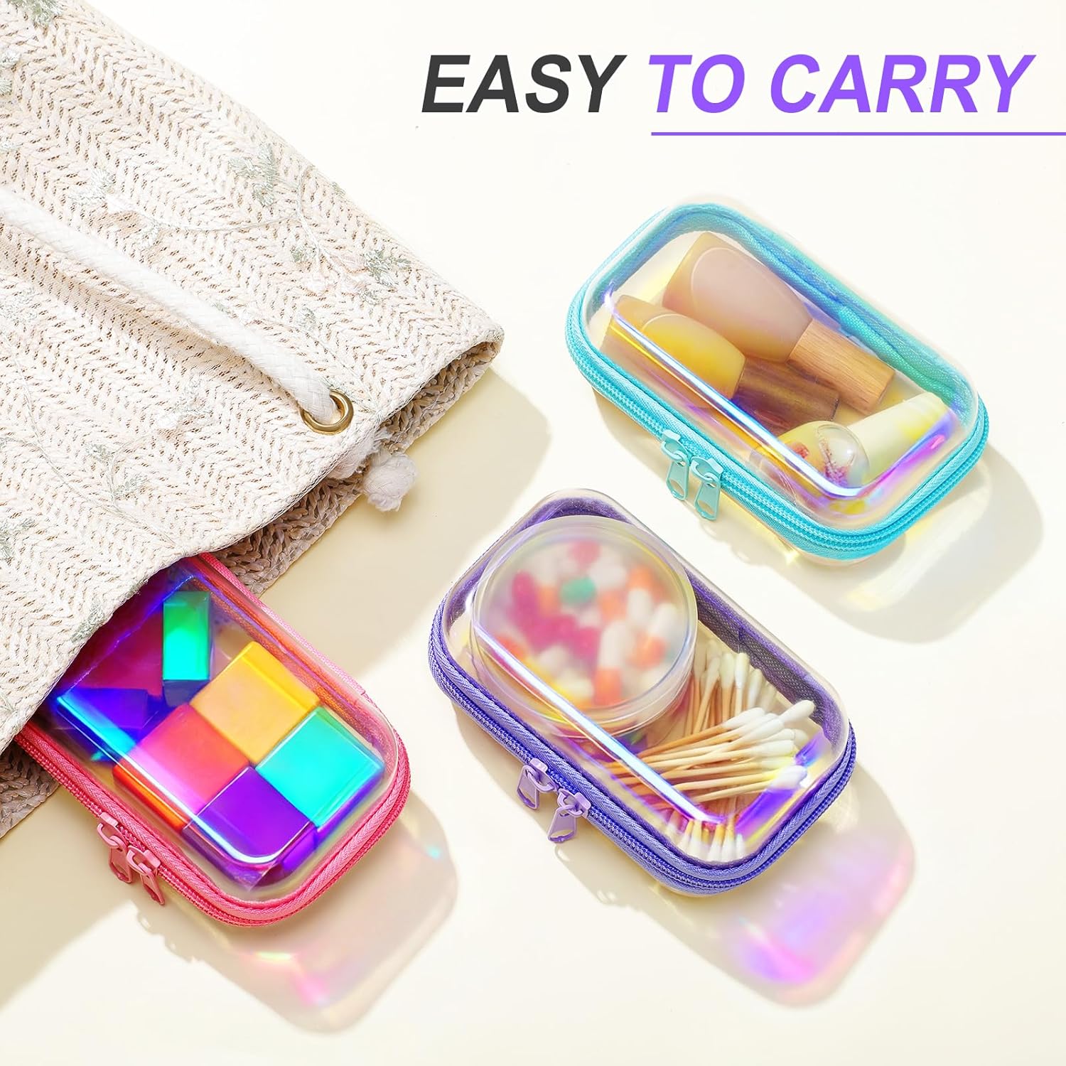 Hoolerry 3 Pcs Clear Hard Zipper Case Plastic Pouch Transparent Hard Case Clear Makeup Bag Portable Travel Organizer Bin for Cosmetics, Building Blocks, Puzzles(Laser,Xs)-FemmiqueWomen