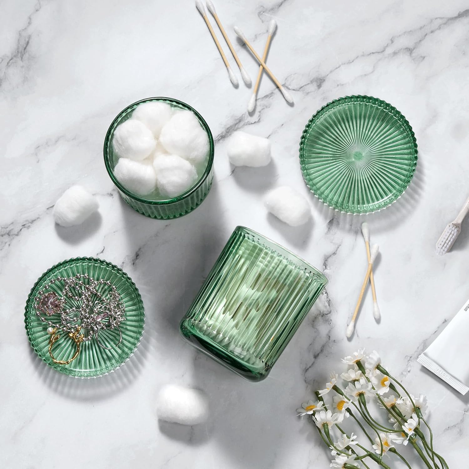 2 Pack Qtip Holders for Bathroom, Clear Glass Apothecary Jars with Lids,Vintage Bathroom Canisters for Cotton Balls,Swabs,Floss Picks,Hair Ties,Vanity Organizer and Storage Decor (Green)-FemmiqueWomen