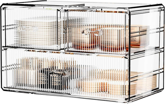ZHIAI Stackable Storage Drawers, Acrylic Bathroom Counter Organizer Clear Makeup Organizers for Vanity, Kitchen Cabinets, Bathroom, Undersink, Home Organization and Storage (3 Drawers, Pattern A)-FemmiqueWomen