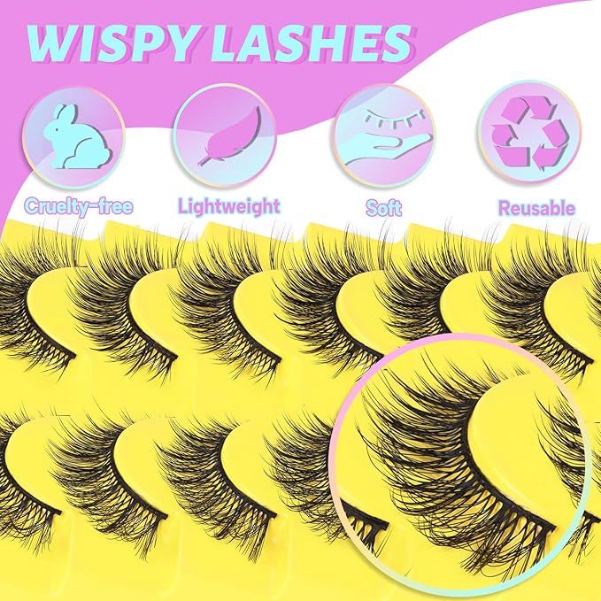 Losha Lashes Wispy Cat Eye Lashes 3D Natural False Eyelashes 9 Pairs Thin Faux Mink Lashes Pack Soft Lightweight Fake Eyelashes (Wispies)-FemmiqueWomen
