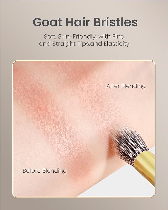 Desert Oak Series Stippling Brush - Dual-Length White & Gray LambsGoat Hair Bristles, Sloped Edge for Cream/Powder Perfection, Ebana Handle & Brass Ferrule (CM 168)-FemmiqueWomen