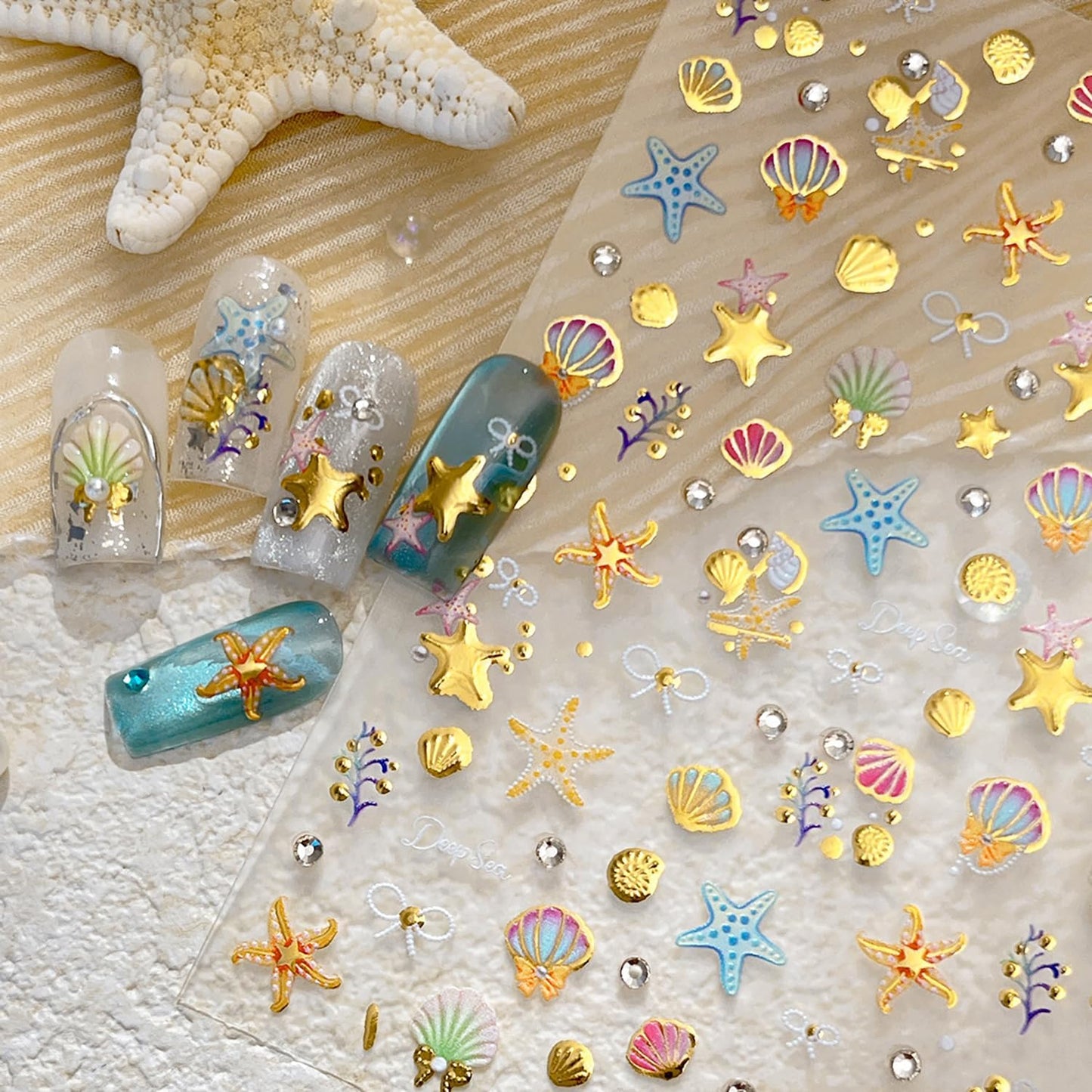 1 Sheets Summer Beach Nail Decals for Nail Art Gold Seashell Starfish Nail Stickers with Diamond Designs Coral Conch Bow Nail Art Stickers 5D Self-Adhesive Ocean Nail Design Supplies for Women-FemmiqueWomen