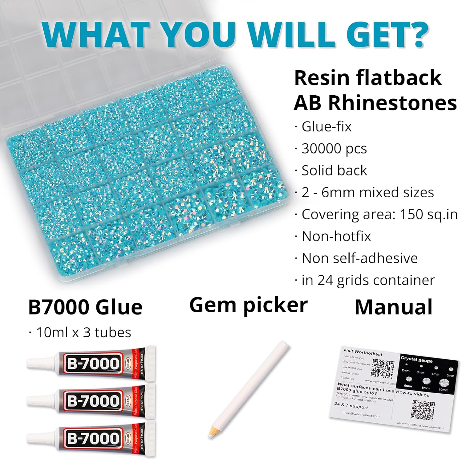 30000Pcs Resin Jelly Rhinestones Set for Crafting Bedazzling, Turquoise AB Flatback Gems Jewels for Crafts Clothes Shoes Fabric Outfit Nails Makeup, Flat Back Crystal 2-6mm with b 7000 Glue-FemmiqueWomen